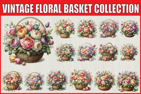 Bring Timeless Elegance to Your Projects with the Vintage Floral Basket Clipart Set