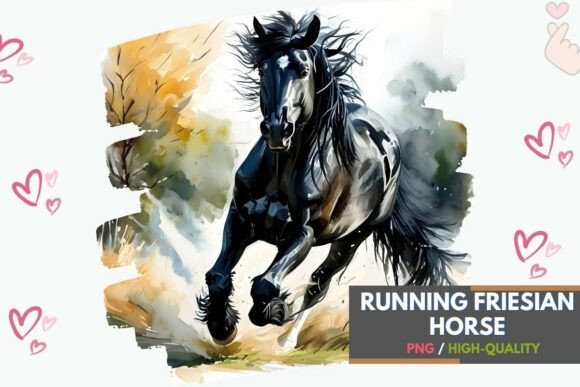 Running Black Friesian Horse PNG