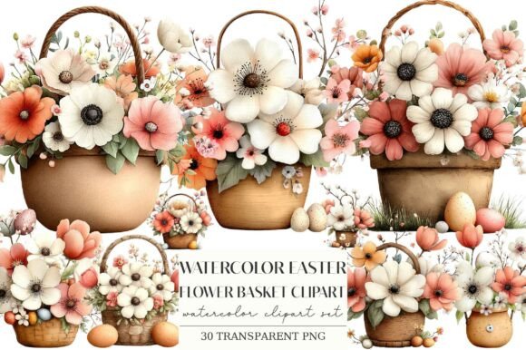 Watercolor Easter Flower Basket Clipart: Elevate Your Spring Designs
