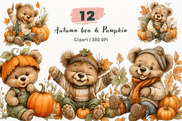 Watercolor PNG Autumn Bear Clipart
